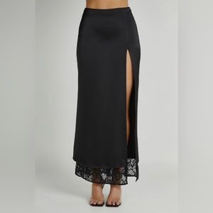 Satin Lace Midi Skirt - Black XS New